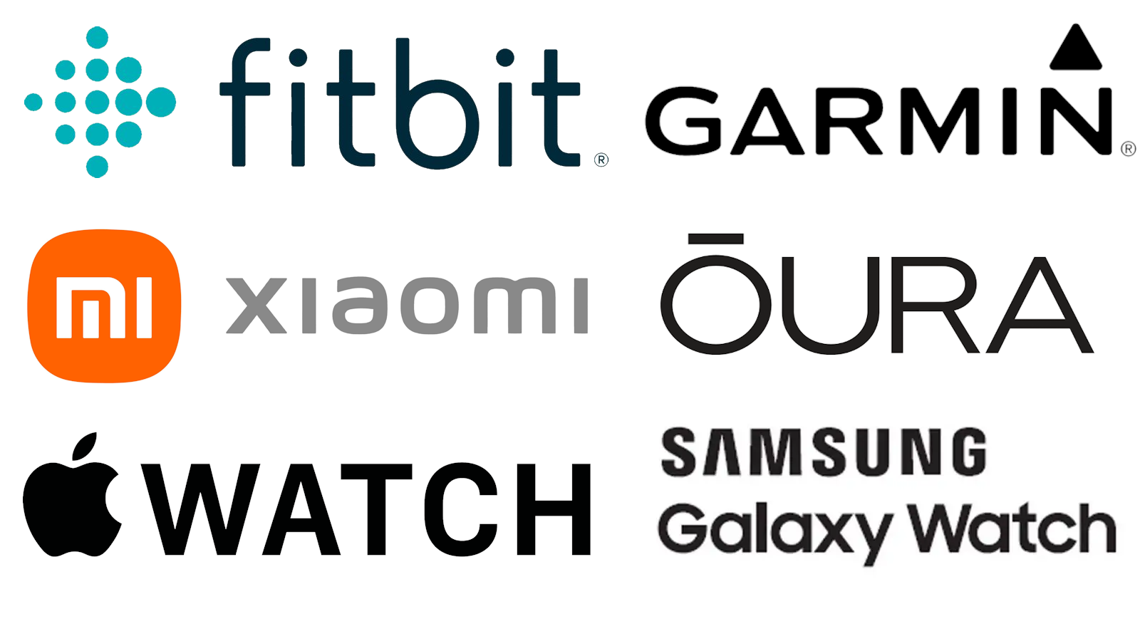 Logos of Fitbit, Garmin, Xiaomi, and Apple Watch