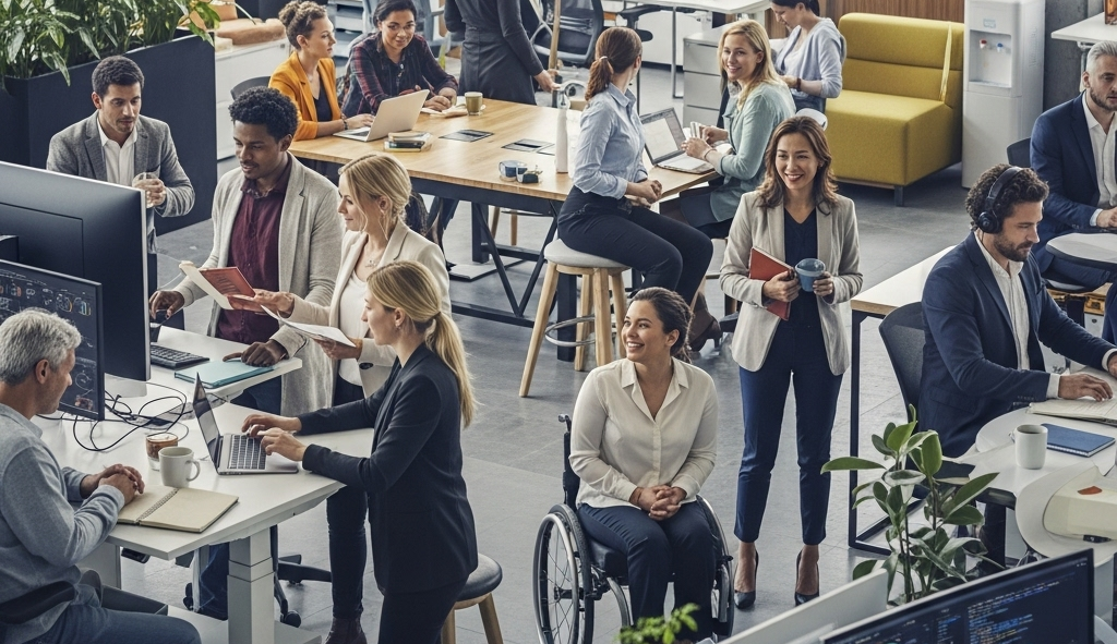 Diverse employees in a modern workplace